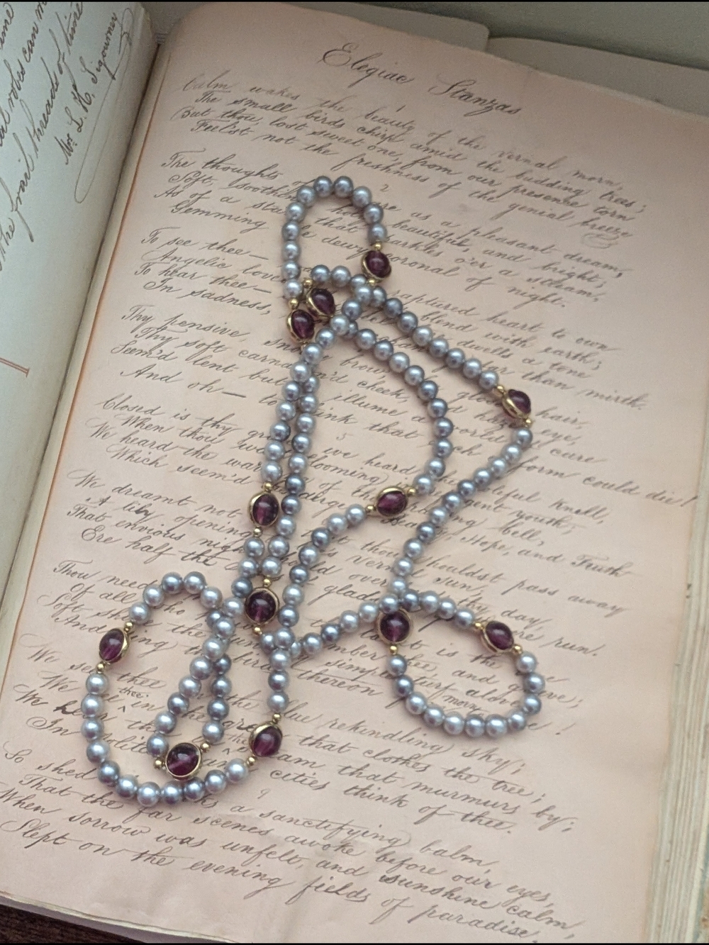 Classic Pearl and Garnet Station Necklace - Women's Jewelry - Picture 2 of 10